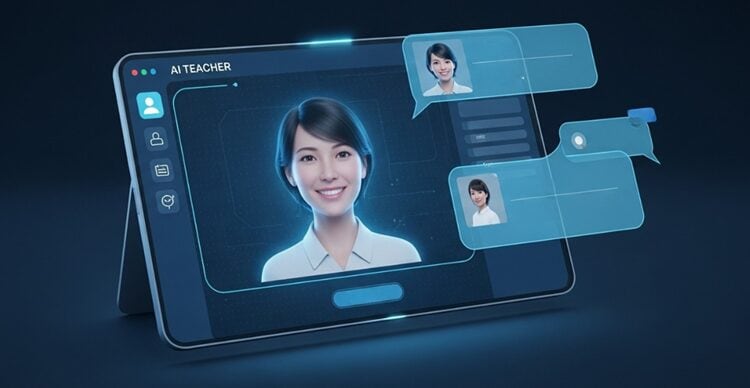 Futuristic visualization of AI-powered language learning technology with holographic elements