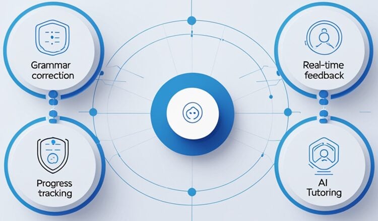 Infographic showing Langotalk's four main features - grammar correction, real-time feedback, progress tracking, and AI tutoring