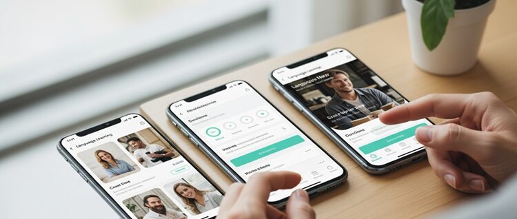 Mobile device displaying language learning app interfaces with user interaction