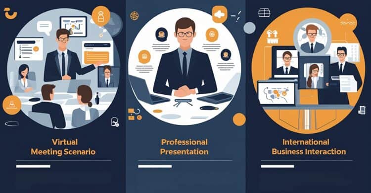 Professional scenarios showing business language training applications across virtual meetings, presentations, and international interactions