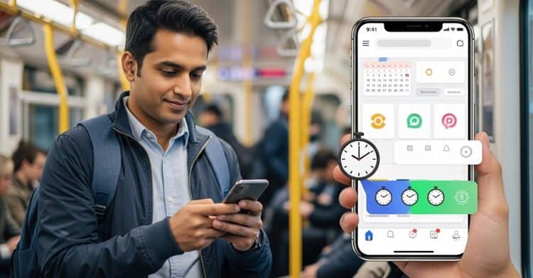 Professional using Praktika language learning app while commuting, demonstrating flexibility and convenience