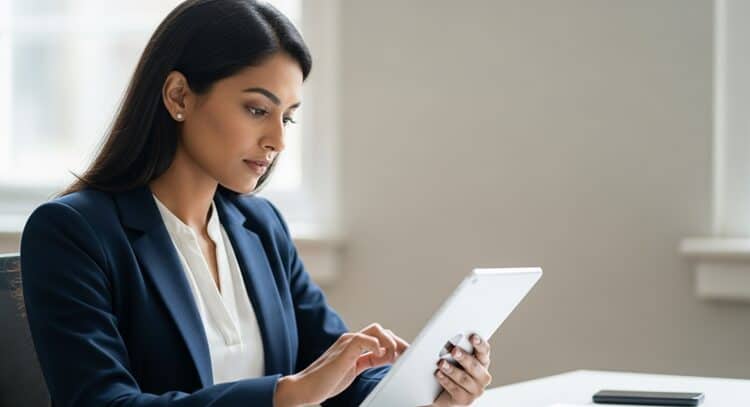 Professional using language learning app during work break