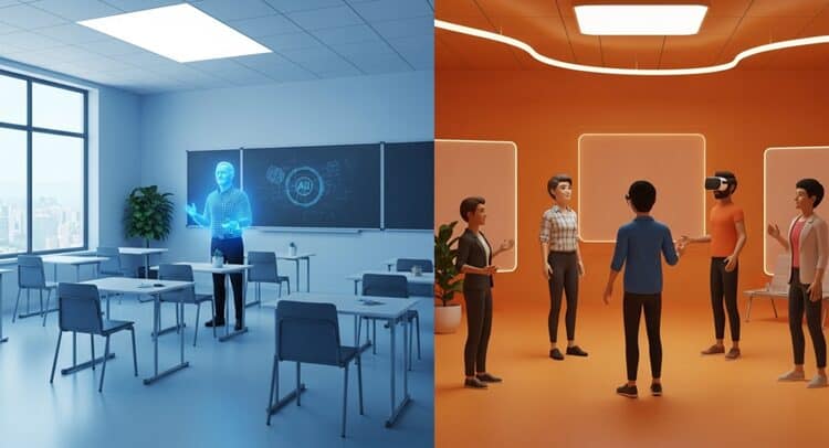 Split-screen comparison of AI tutoring and avatar-based learning environments