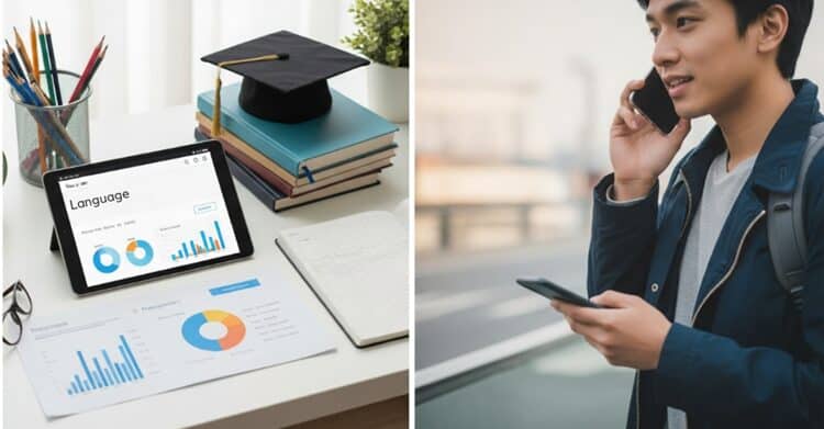 Split-screen comparison of Babbel's structured lessons versus Langotalk's flexible conversation approach to language learning