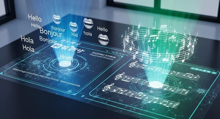 Futuristic visualization of next-generation language learning platforms combining AI, music, and traditional learning elements