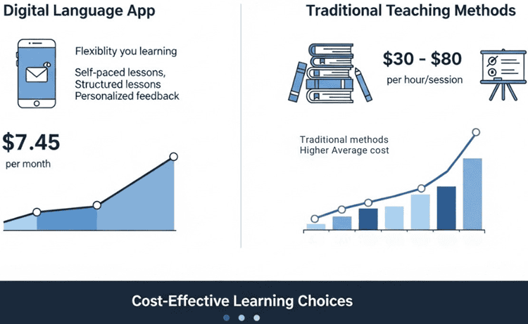 Infographic displaying cost differences between Babbel subscription and traditional language learning methods