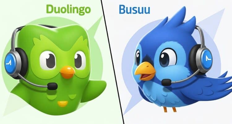Split-screen comparison of Duolingo and Busuu customer support mascots wearing headsets