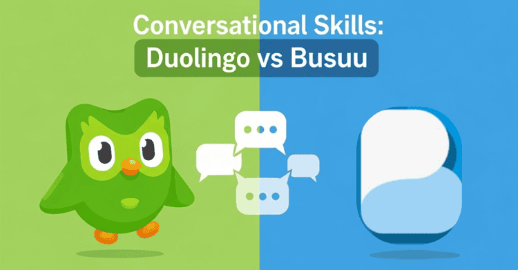 Split-screen comparison of Duolingo and Busuu logos with connecting speech bubbles, representing language learning platforms