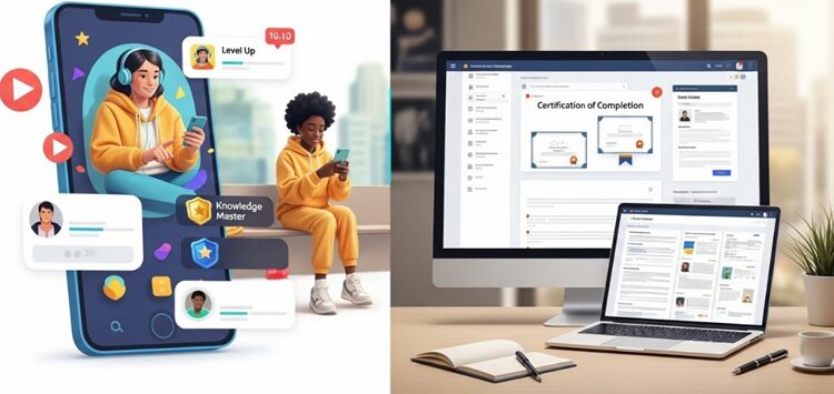 Split screen comparison of casual and professional language learning environments showing mobile gaming elements versus formal certification materials