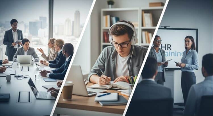 Split-screen visualization of Loora AI's use cases - corporate professionals, students, and HR training scenarios