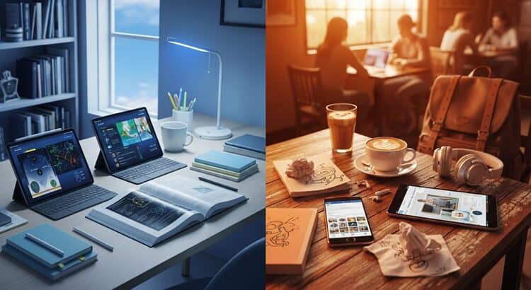 Split comparison of structured and casual language learning environments, representing SpeakPal and TalkPal approaches