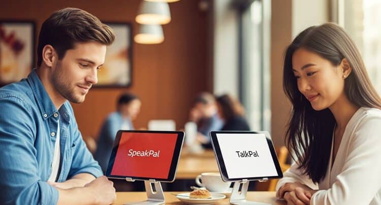 Split-screen comparison of SpeakPal and TalkPal language learning approaches, showing structured learning versus conversational practice