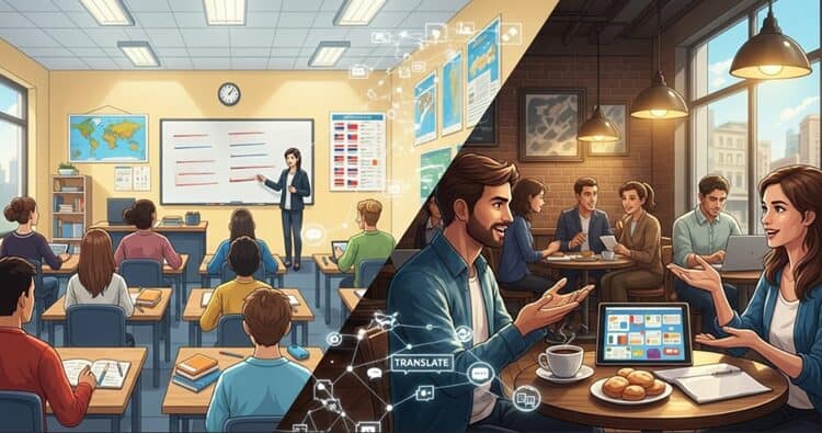 Split screen comparison of formal and casual language learning environments