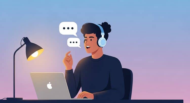 Person confidently practicing language speaking with Gliglish AI language tutor on laptop, illustrating reduced speaking anxiety in a comfortable learning environment