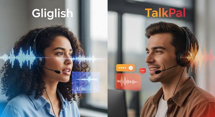 Split-screen comparison showing Gliglish versus TalkPal advanced language learning interfaces for intermediate and advanced learners