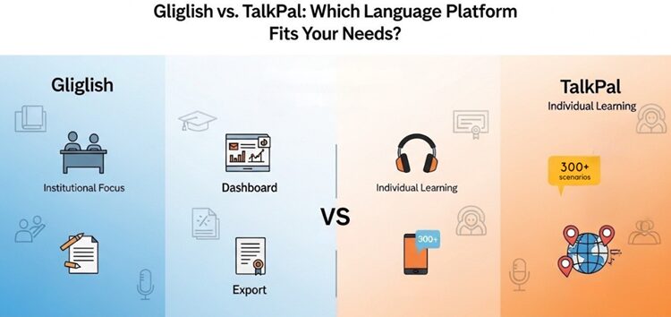 Split-screen showing Gliglish classroom dashboard with Asian characters on the left and TalkPal individual learning interface with scenarios on the right.