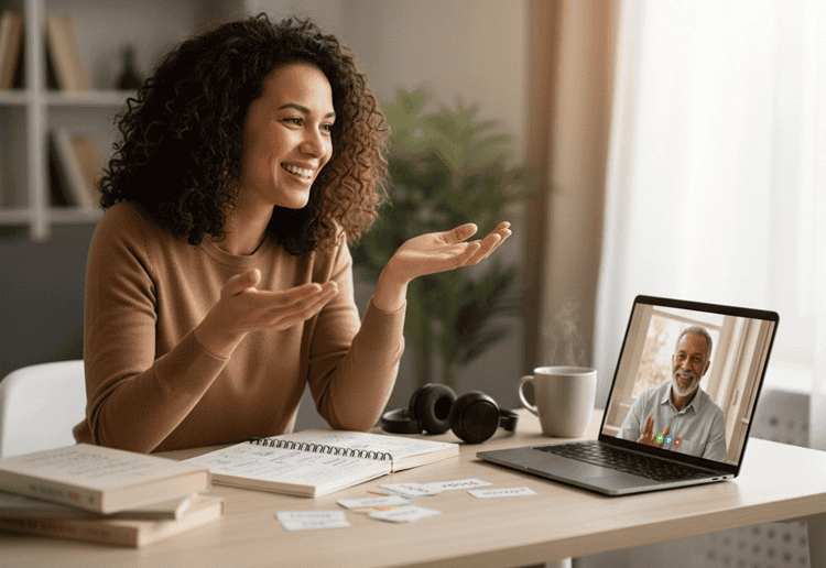 Adult language learner having live online tutoring session on laptop, engaged expression, notes nearby, warm natural light