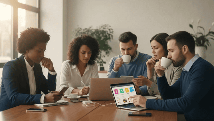 Adult learners compare English learning apps side by side on phones and laptops before choosing a free trial