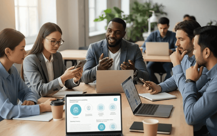 Adult learners compare English speaking apps for beginners and business English in a bright coworking space using phones and laptops
