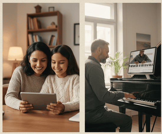 Adults and families using online 1-on-1 tutoring for language learning, K-12 help, and hobby skills on laptops and tablets