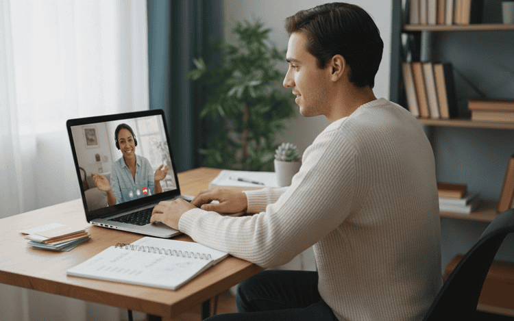 Beginner language learner having personalized 1-on-1 online tutoring session on laptop with AmazingTalker tutor