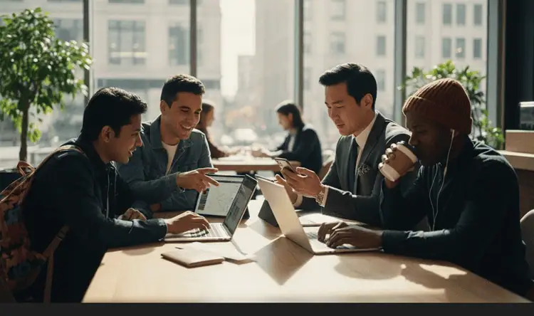 Diverse language learners using italki online tutoring platform, including students, professionals, and travelers in a modern café setting