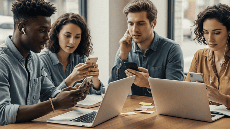 Diverse learners using AI language learning apps for speaking practice, pronunciation feedback, travel prep, and beginner study