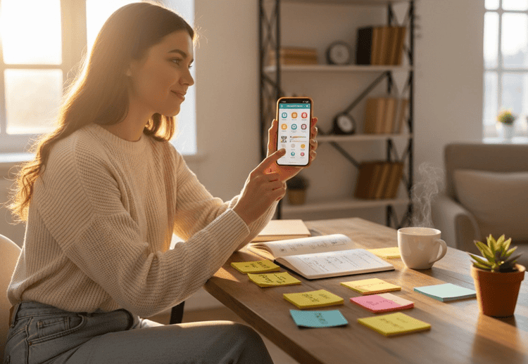 Intermediate language learner choosing the best language app on smartphone at organized study desk with notes
