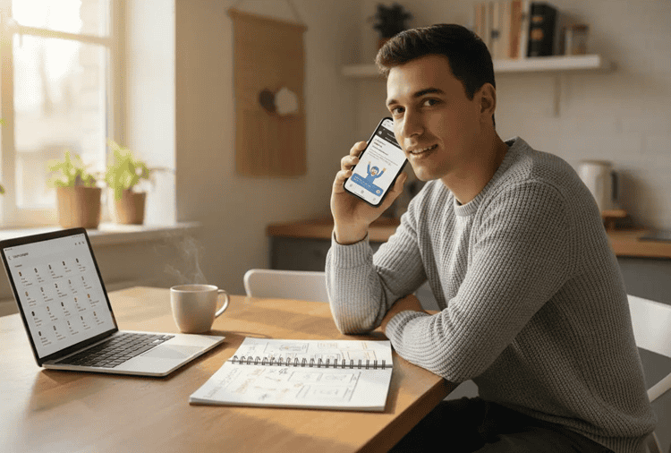 Language learner comparing speaking apps at home while practicing conversation for confidence and pronunciation improvement