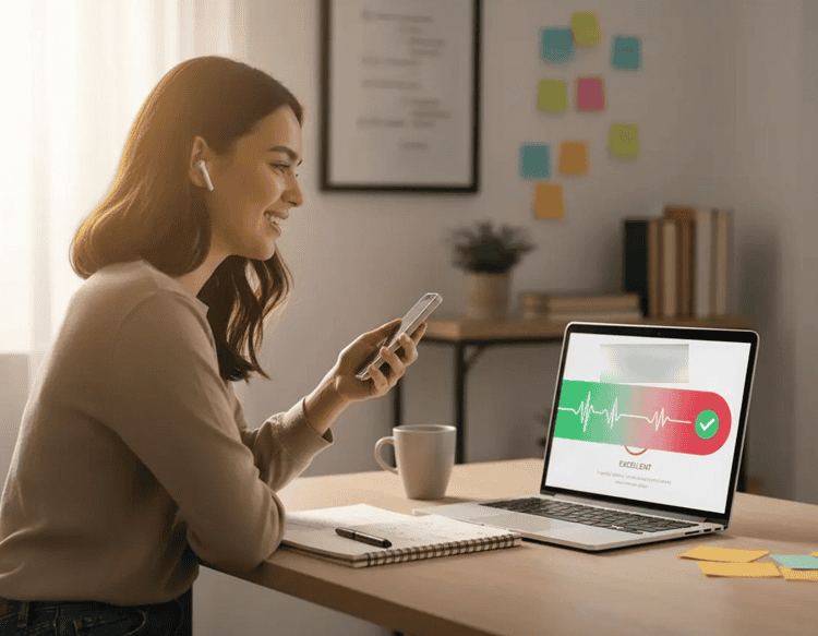 Language learner practicing speaking with an AI language learning app at home while reviewing real-time feedback on a laptop