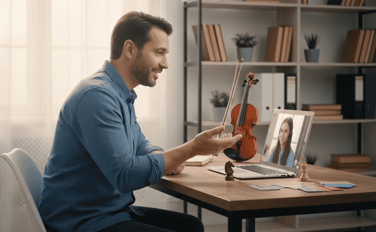 Online tutor conducting a flexible lesson on laptop surrounded by diverse learning subject materials on desk