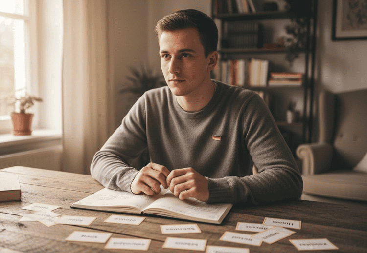 Person choosing a German language learning app on smartphone surrounded by study notes and vocabulary flashcards