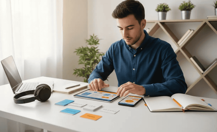 Person using one app to learn multiple languages at an organized desk, switching study sessions without burnout or confusion