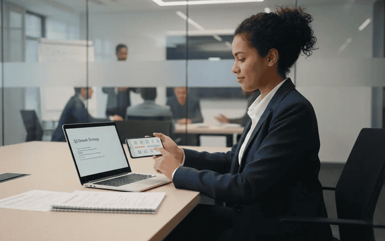 Professional using a business English app before a meeting, practicing workplace speaking skills at a modern office desk