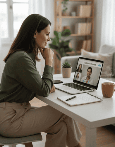 Professional woman in focused 1-on-1 online language tutoring session on laptop at modern home desk with notes