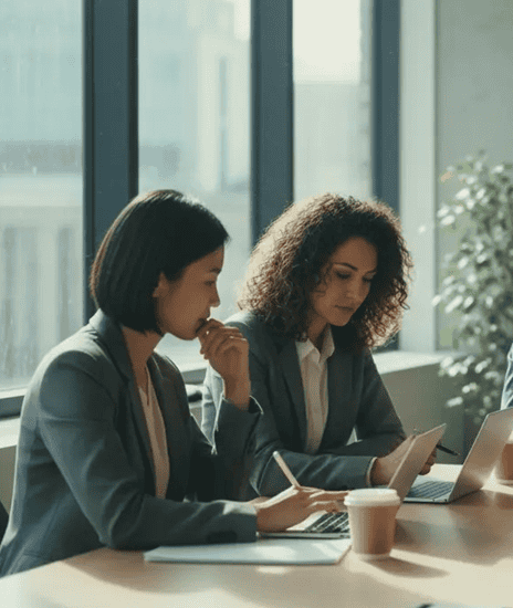 Professionals comparing business English apps in a modern office, reviewing analytics and speaking practice options