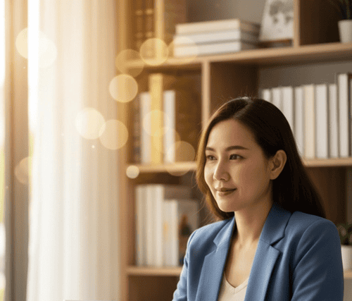 Qualified online language tutor reviewing credentials and student ratings at a well-lit home office desk