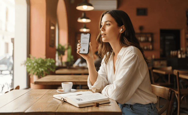 Traveler practicing Italian pronunciation with language app on smartphone at café before trip to Italy