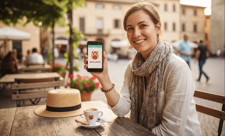 Traveler using best Italian learning app at outdoor café in Italy with warm sunlight and cobblestone backdrop