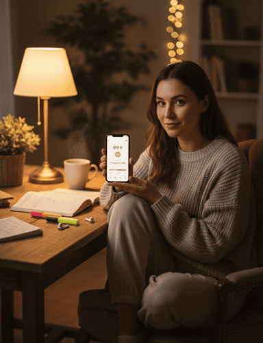 Woman confidently choosing a Korean language learning app on smartphone at cozy study desk with notebooks nearby