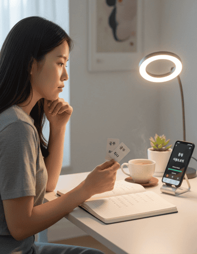 Woman studying Korean Hangul characters with language learning app on smartphone and handwritten notebook notes