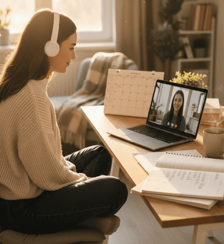 Woman taking weekly online language lesson on laptop with handwritten notes, building consistent study routine at home desk