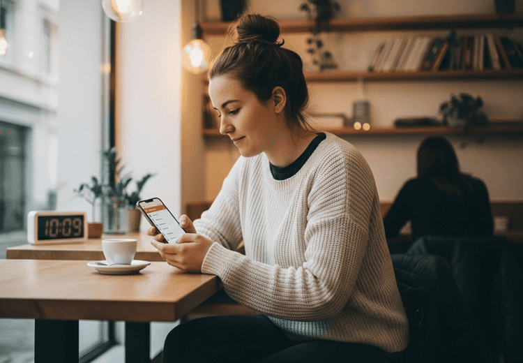 Woman using German vocabulary learning app on smartphone at café, studying basic German words in a short daily session