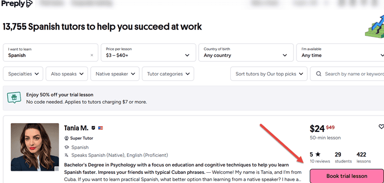 You can book trial lessons with Preply