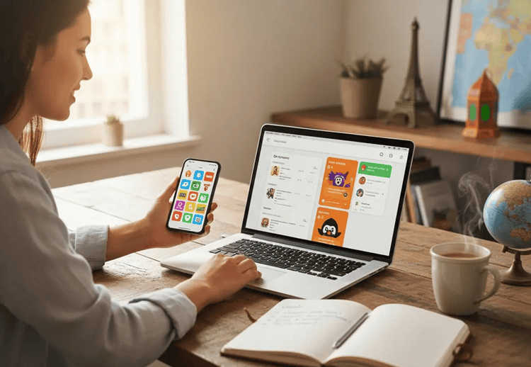Young adult comparing language learning apps at desk, choosing the best Duolingo alternative for speaking, grammar, and motivation