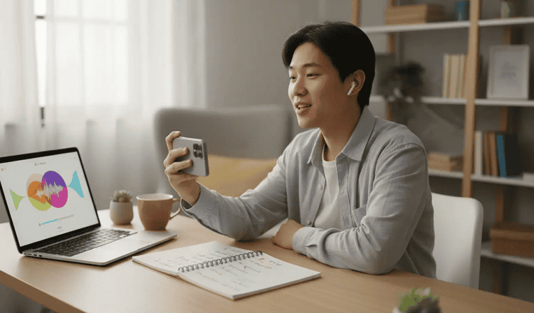 Young adult practicing English pronunciation by recording speech at home and reviewing feedback for clearer speaking progress