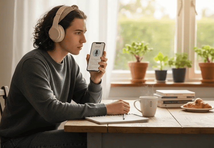 Young adult using a language learning app for speaking at home while practicing fluency with notes and headphones