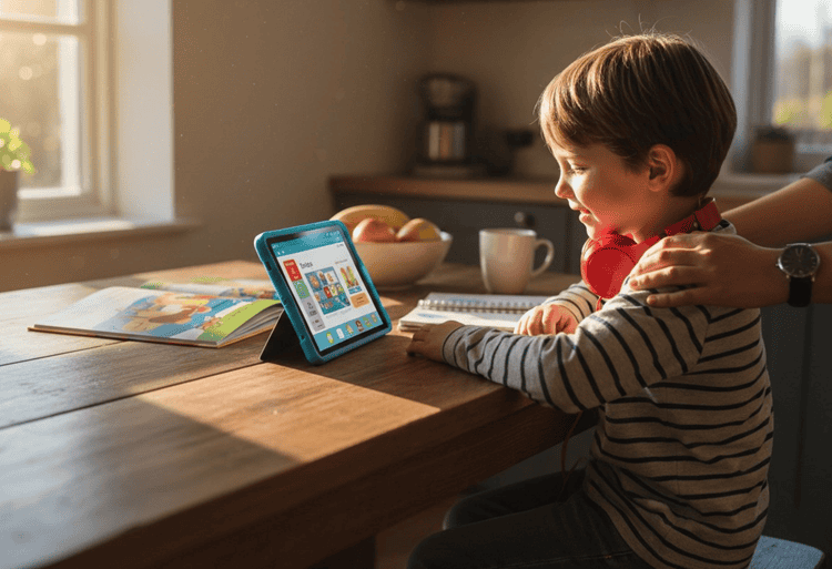 Young child using a language learning app on tablet at home alongside books, practicing during a short daily routine session