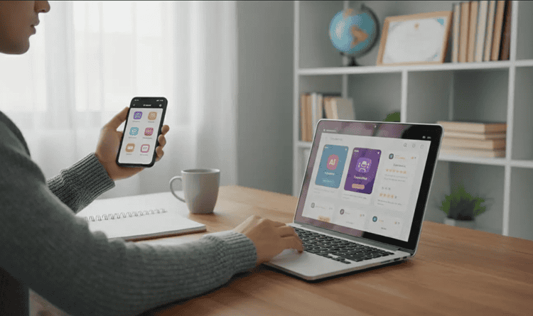 Young professional comparing AI English-speaking apps at home before choosing the best app for daily practice