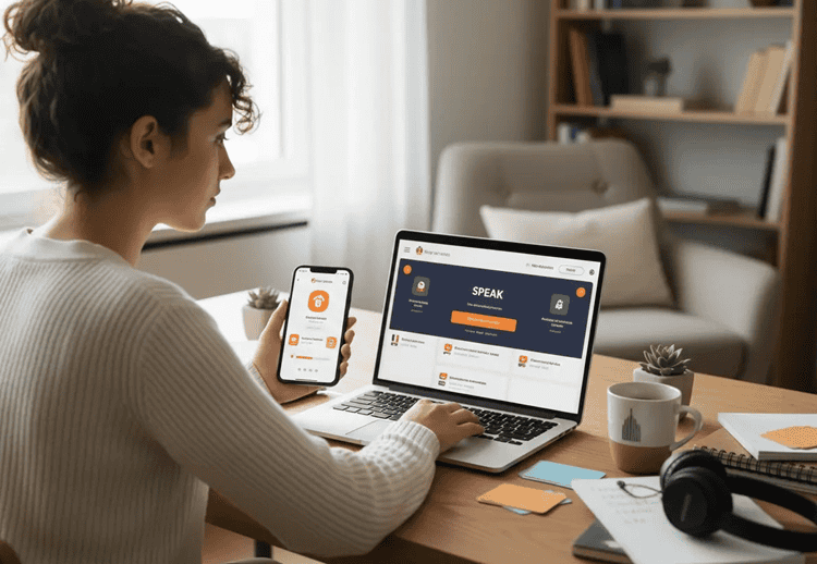 Young professional comparing language learning apps on laptop and phone to choose the best app for learning multiple languages
